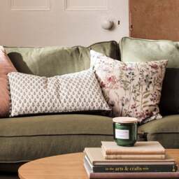 Leaf Block Print Cushion With Pom Poms -  Olive - Home Accessories - The Cotswold Company - thumbnail 3