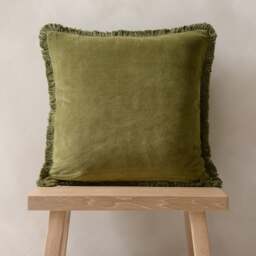 Cotton Velvet Fringed Cushion - Dark Olive - Home Accessories - The Cotswold Company - thumbnail 2