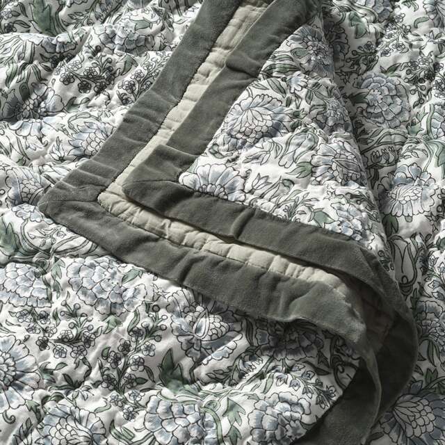 Velvet Trimmed Floral Bed Throw Green - Home Accessories - The Cotswold Company - image 1