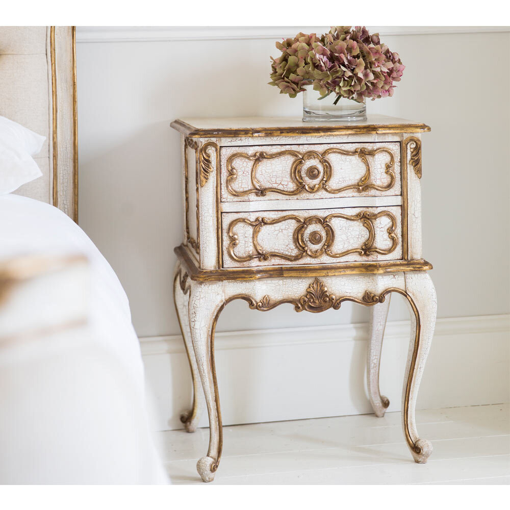 Palais Royal Ivory & Gold Bedside Table - Handmade French Style Bedside Table in Antique Ivory Crackle Patina and Gold Gilt