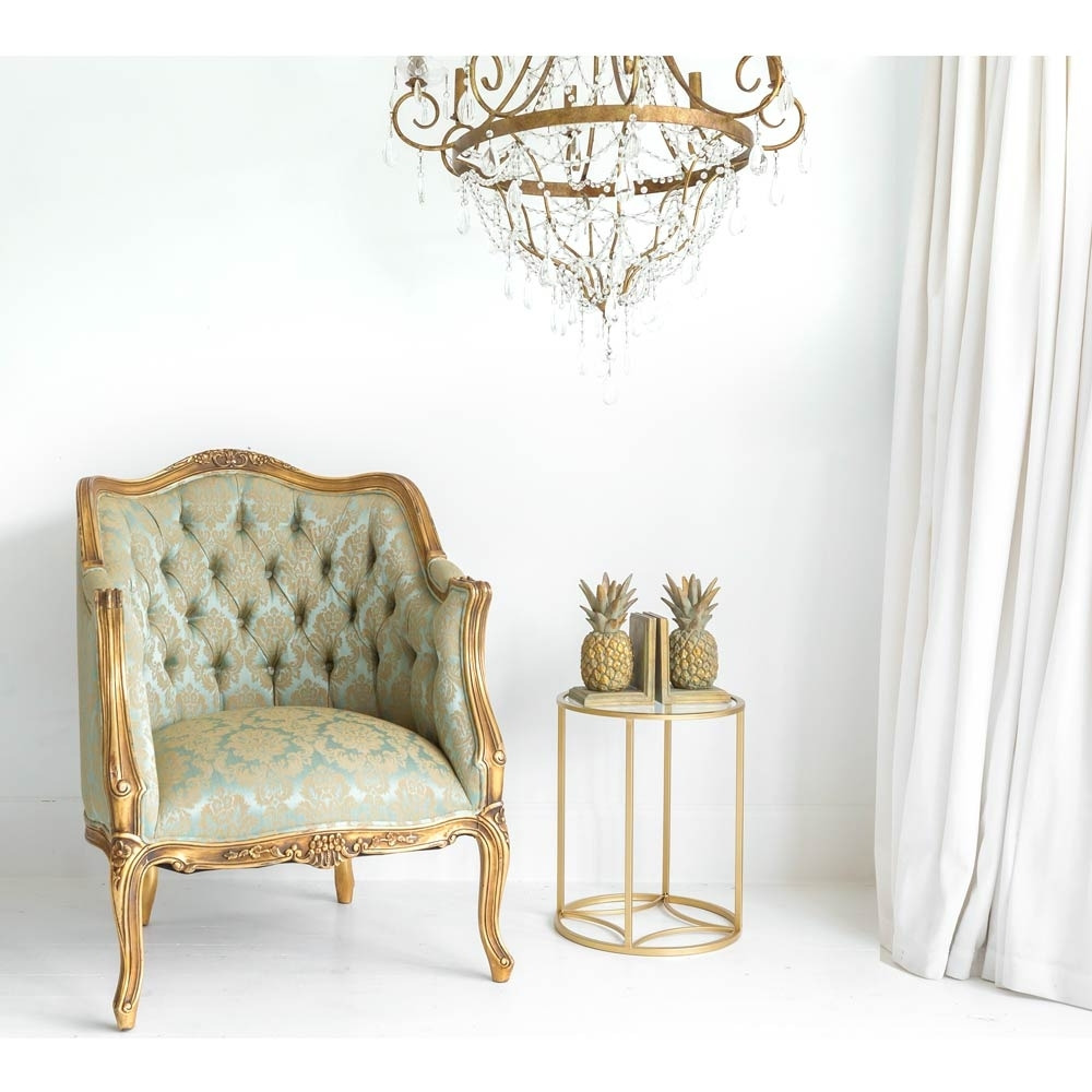 Palais de Versailles Damask Gold Armchair - Handmade Upholstered French Style Armchair with Mahogany Frame in Gold Gilt and French Damask Upholstery