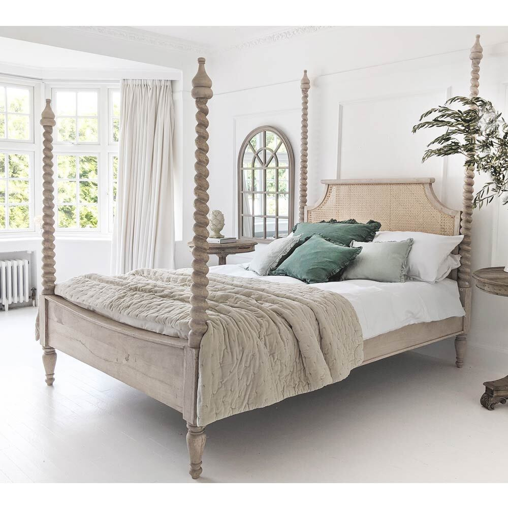 Dreaming Spires Rattan 4-Poster Bed - Solid Wood Four Poster Bed with Rattan Headboard