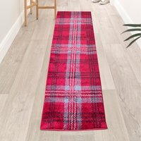 Classic Tartan Check Non Slip Runner Rug - Red / 300cm
