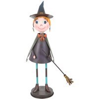 Metal Witch Ornament with Broom, Spooky Halloween Decor - Black