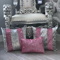 Silver and Baby Pink Crushed Velvet Glitter Cushion Cover Set - Silver