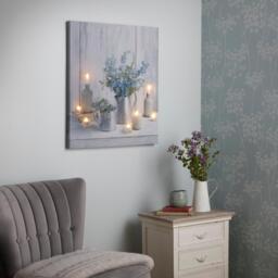 Something Blue LED Lights Candles and Floral Printed Canvas Wall Art - Grey and Blue - thumbnail 2