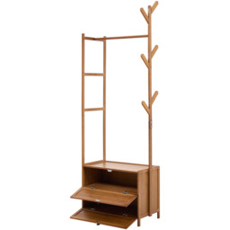 Multi-functional Wooden Coat Rack with Storage Drawers - Brown - thumbnail 5