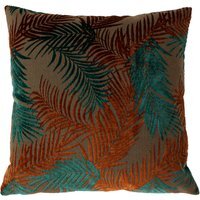 Palm Grove Velvet Jacquard Cushion - Teal/Rust / Feather