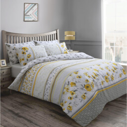 Printed Geo Floral Polycotton Ochre Duvet Cover  Pillowcase Set - Ochre - thumbnail 2