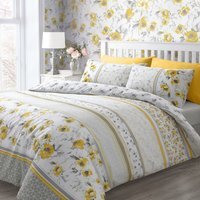 Printed Geo Floral Polycotton Ochre Duvet Cover  Pillowcase Set - Ochre - thumbnail 1
