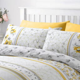 Printed Geo Floral Polycotton Ochre Duvet Cover  Pillowcase Set - Ochre - thumbnail 3