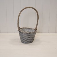 Handcrafted Round Greywashed Willow Basket with overhandle - Grey