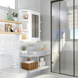 Wall Mount Mirror Cabinet Storage Bathroom Cupboard with Shelves - White - thumbnail 2