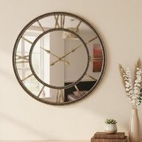 Double Row Round Beaded Edge Vintage Wall Clock Ornate Brass Mirrored Face 56 Cm - GOLD - thumbnail 1