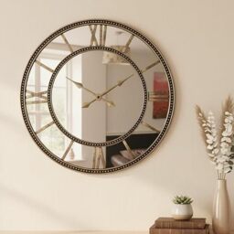 Double Row Round Beaded Edge Vintage Wall Clock Ornate Brass Mirrored Face 56 Cm - GOLD - thumbnail 2