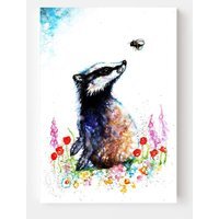 Watercolor Meadow Badger and Bee Art Canvas - Black / 24 x 16 in