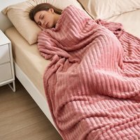 Reversible Fluffy Striped Throw Blanket  - Pink / 230cm L x 200cm W