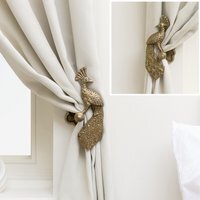 Set of 2 Metal Peacock Curtain Tie Backs - Antique Brass Gold