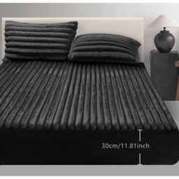 Plush Supersoft Jumbo Cord Ribbed Fitted Sheet Deep Box Black - Black  / Single - thumbnail 3
