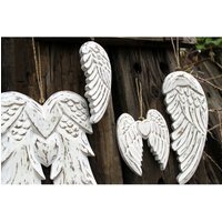 Handcrafted Angel Wings  Heart Decor - Vintage Wood, 15cm - White