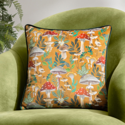 Wild Gardens Mushroom Repeat Velvet Piped Cushion - Multicolour / Feather - thumbnail 3