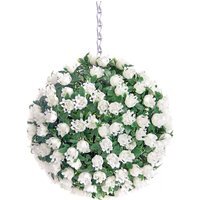 Best Artificial 23cm White Rose Hanging Basket Flower Topiary Ball - White