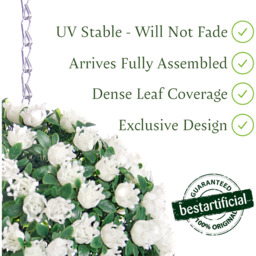 Best Artificial 23cm White Rose Hanging Basket Flower Topiary Ball - White - thumbnail 2