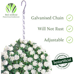 Best Artificial 23cm White Rose Hanging Basket Flower Topiary Ball - White - thumbnail 3