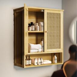 Bamboo Bathroom Wall-Mounted Storage Cabinet Organiser - Natural Brown - thumbnail 4