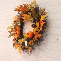 Autumn Wreath Artificial Halloween Decoration for Front Door with Pumpkin - Orange - image 1