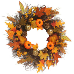 Autumn Wreath Artificial Halloween Decoration for Front Door with Pumpkin - Orange - thumbnail 2