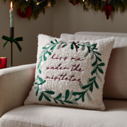 Mistletoe Wreath Embroidered Cushion - White / Polyester - thumbnail 3