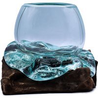 Molten Glass Goldfish Bowl on Wood Handcrafted Decor Piece - Turquoise