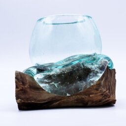 Molten Glass Goldfish Bowl on Wood Handcrafted Decor Piece - Turquoise - thumbnail 5