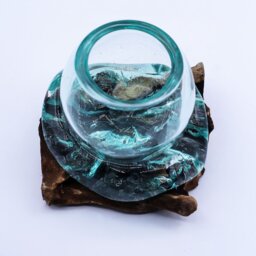 Molten Glass Goldfish Bowl on Wood Handcrafted Decor Piece - Turquoise - thumbnail 2