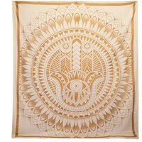 Double Cotton Bedspread Wall Hanging - Hamsa Design, White Gold - Gold