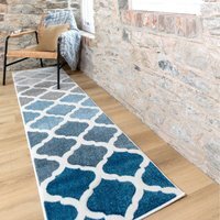 Trellis Geometric Carved Bedroom Living Area Rug - Blue Grey / 240 x 60cm