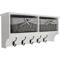 Wall Storage Shelf with 2 Baskets and 5 Coat Hooks - White  Grey - White / Grey / Black