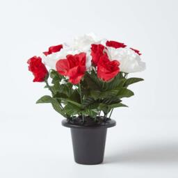 Homescapes Set of 2 Red  White Roses  Lilies Artificial Flowers in Grave Vases - Red and white - thumbnail 3