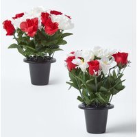 Homescapes Set of 2 Red  White Roses  Lilies Artificial Flowers in Grave Vases - Red and white