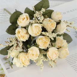 5 Branch 15 Heads Artificial Silk Rose Bouquet - White - thumbnail 3