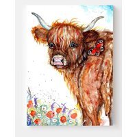 Scottish Highland Cow and Butterfly Art Print on Canvas - Brown / 12 x 8 in