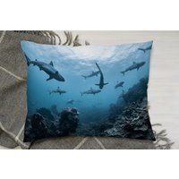 Schooling Grey Reef Sharks, Ningaloo Reef, Western Australia Cushion - Blue - thumbnail 1