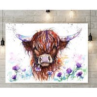 Highland Cow and Thistles Canvas - Brown / 8 x 12 in