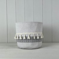 Large Cylinder White and Black Cotton Planter with Tassels - White