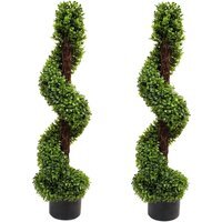 Set of 2 Artificial Spiral Boxwood Topiary Trees - Green
