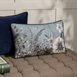 Harlington Gardenia Floral Piped Cushion - Petrol / Polyester - thumbnail 3