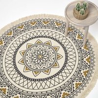 Homescapes Black Gold Cotton Mandala Printed Round Rug - Gold