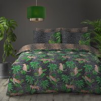 Tropical Leopard Jungle Animal Print Reversible Duvet Set - Black Green / King - thumbnail 1