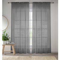 Pair of Slot Top Sheer Plain Woven Voile Curtain Panels - Grey / 137cm - image 1